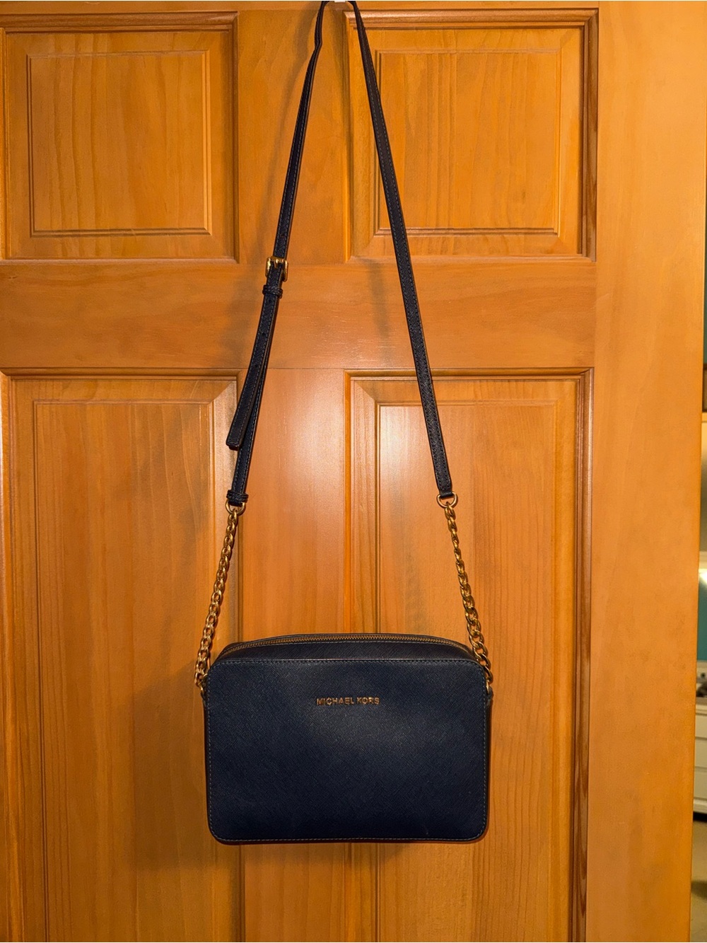 Michael Kors Navy Leather Crossbody with Gold Chain